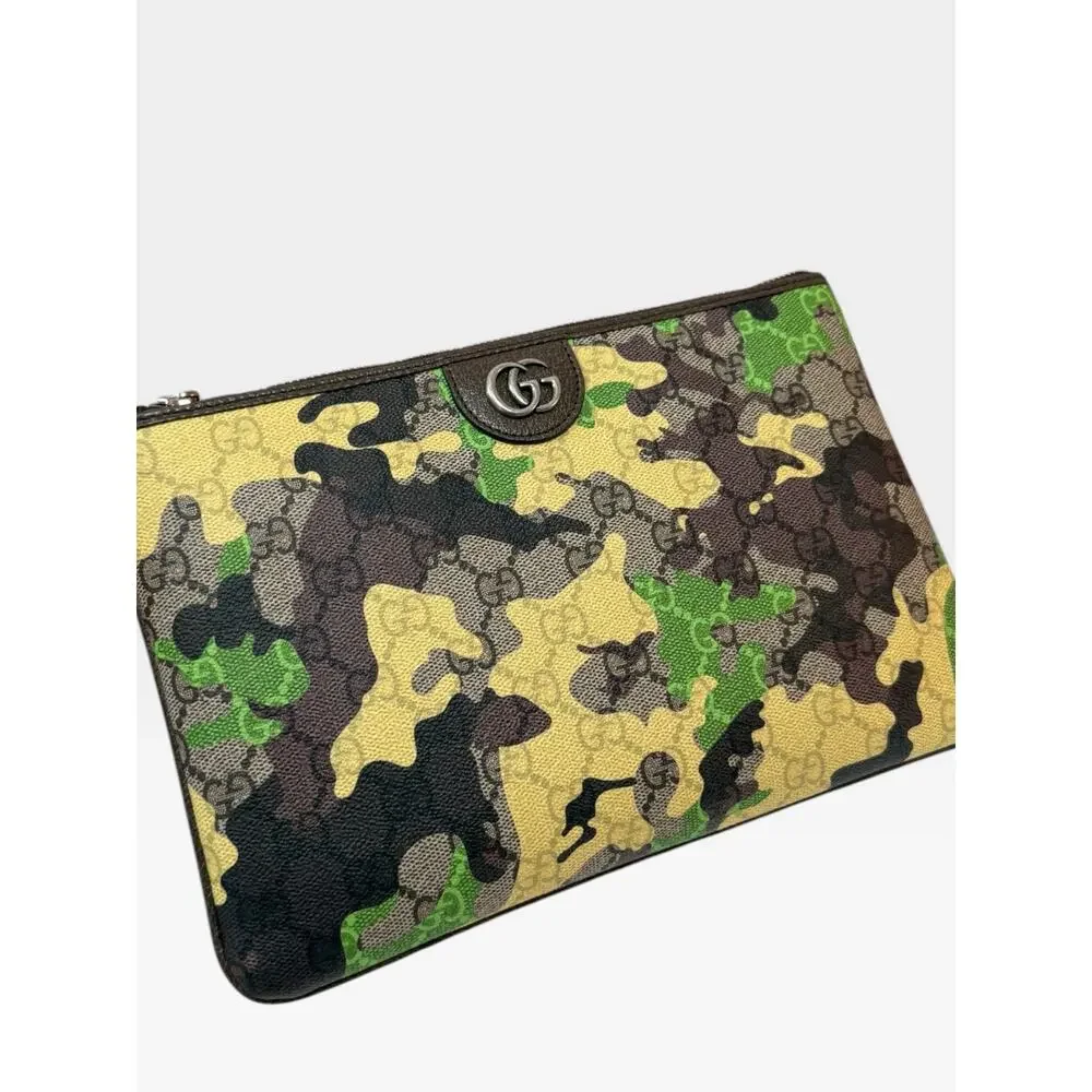 Gucci GG Monogram Camouflage Pouch Green Yellow Brown Double G Clutch NIB